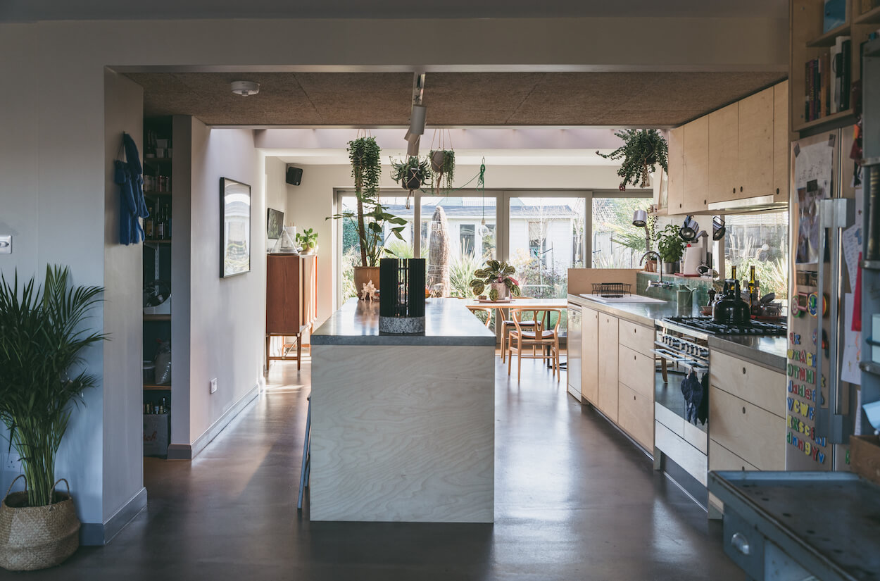 Hodgson Road bespoke plywood kitchen for Liddicoat and Goldhill architects with oiled birch plywood fronts and bespoke concrete worktops made in Whitstable, Kent.